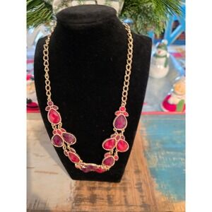 Gold Tone Statement Necklace Red Jewel Teardrop Dangle Bib Fashion Jewelry